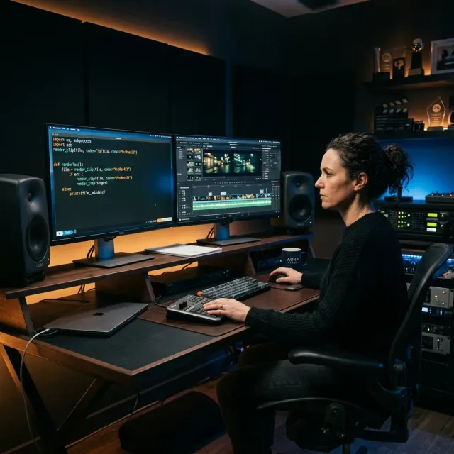 A professional filmmaker sitting at a sleek desk in a dark editing suite, one monitor showing a terminal window with code, the other showing a video editing timeline