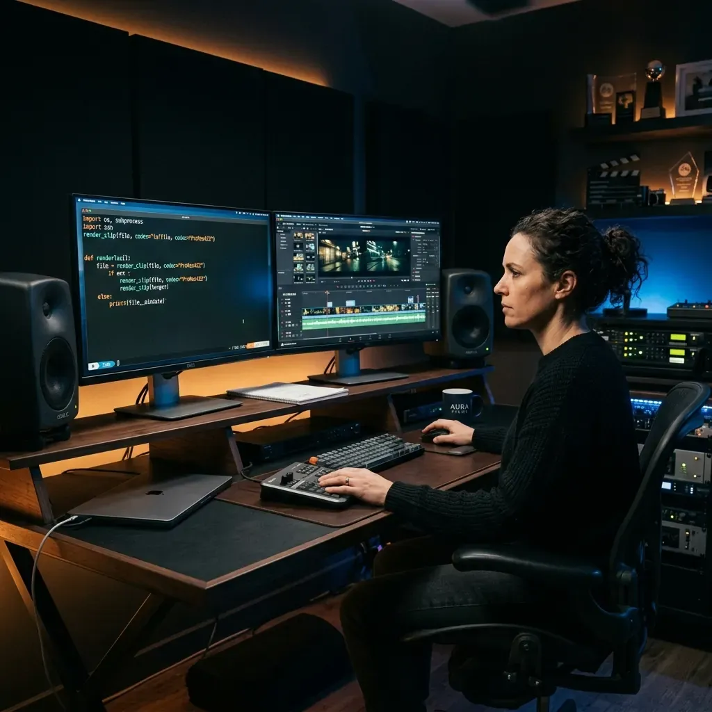 A professional filmmaker sitting at a sleek desk in a dark editing suite, balancing code and video timelines