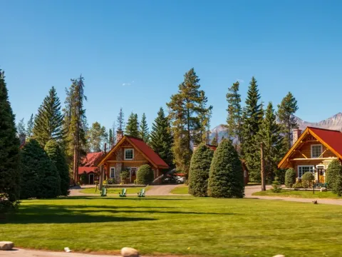Two red-roofed log cabins on a clearing ringed by dense pine forest