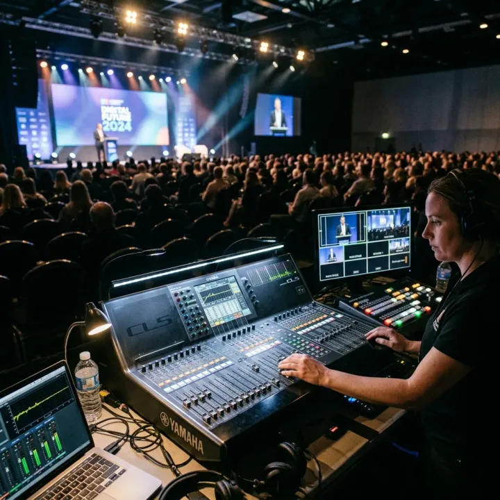 A professional live event audio visual mixing desk in a large conference hall
