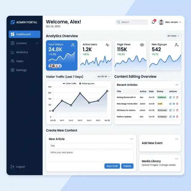 A clean, modern UI dashboard for a website admin portal