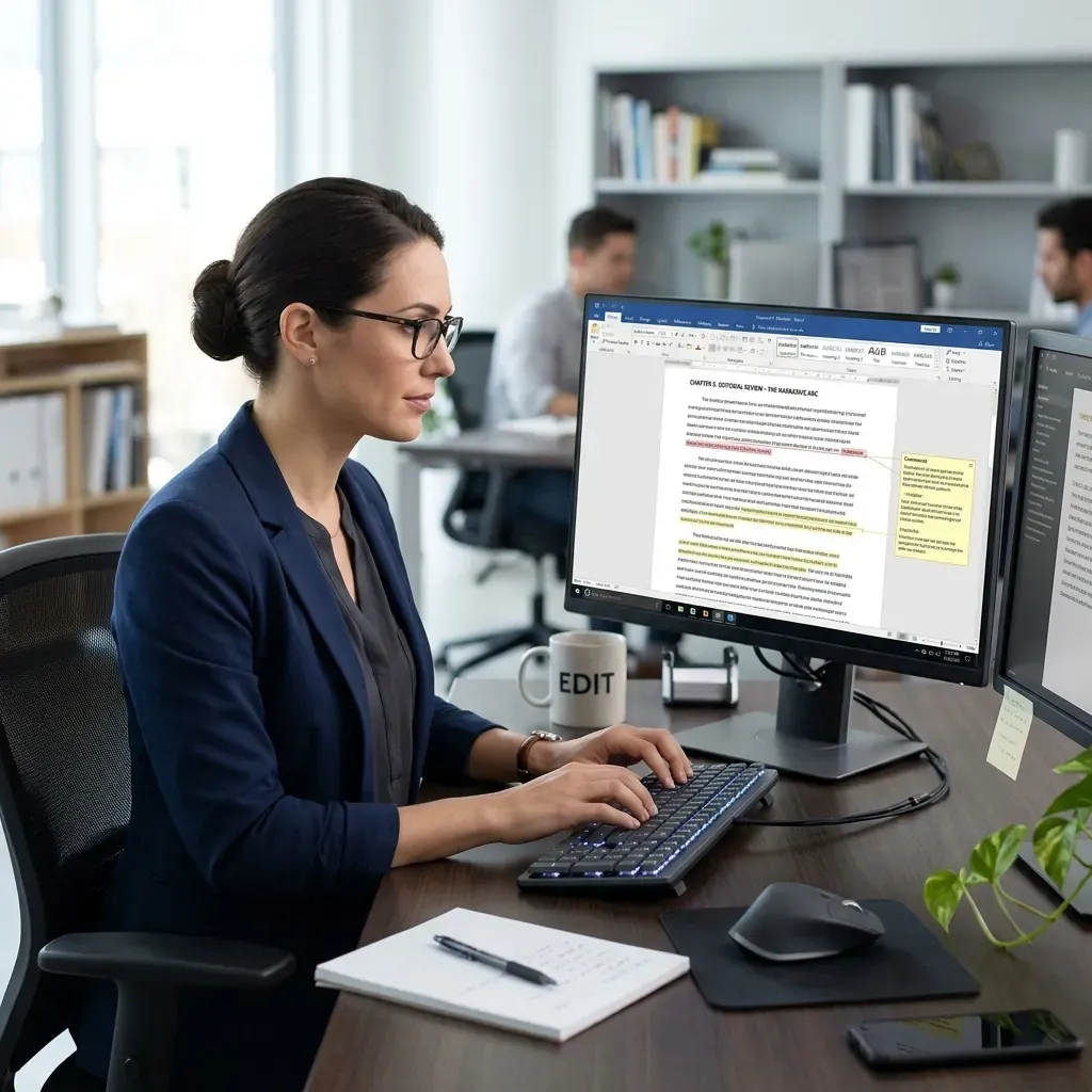 A person editing a digital document on a glowing screen
