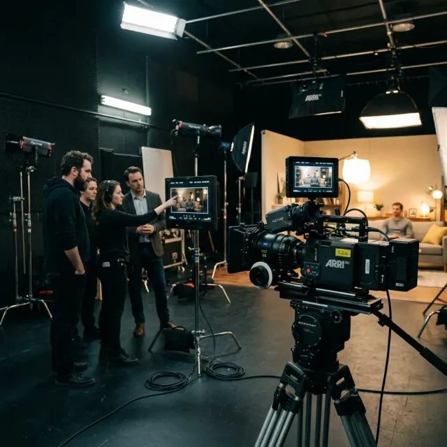 A professional video production set with a camera and client review monitor