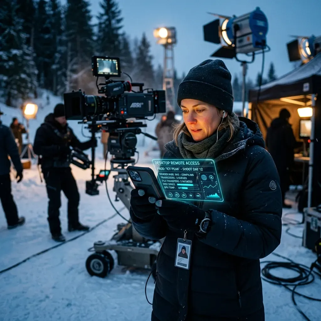 A professional filmmaker on a winter film set looking at their smartphone, checking desktop tasks while on the move