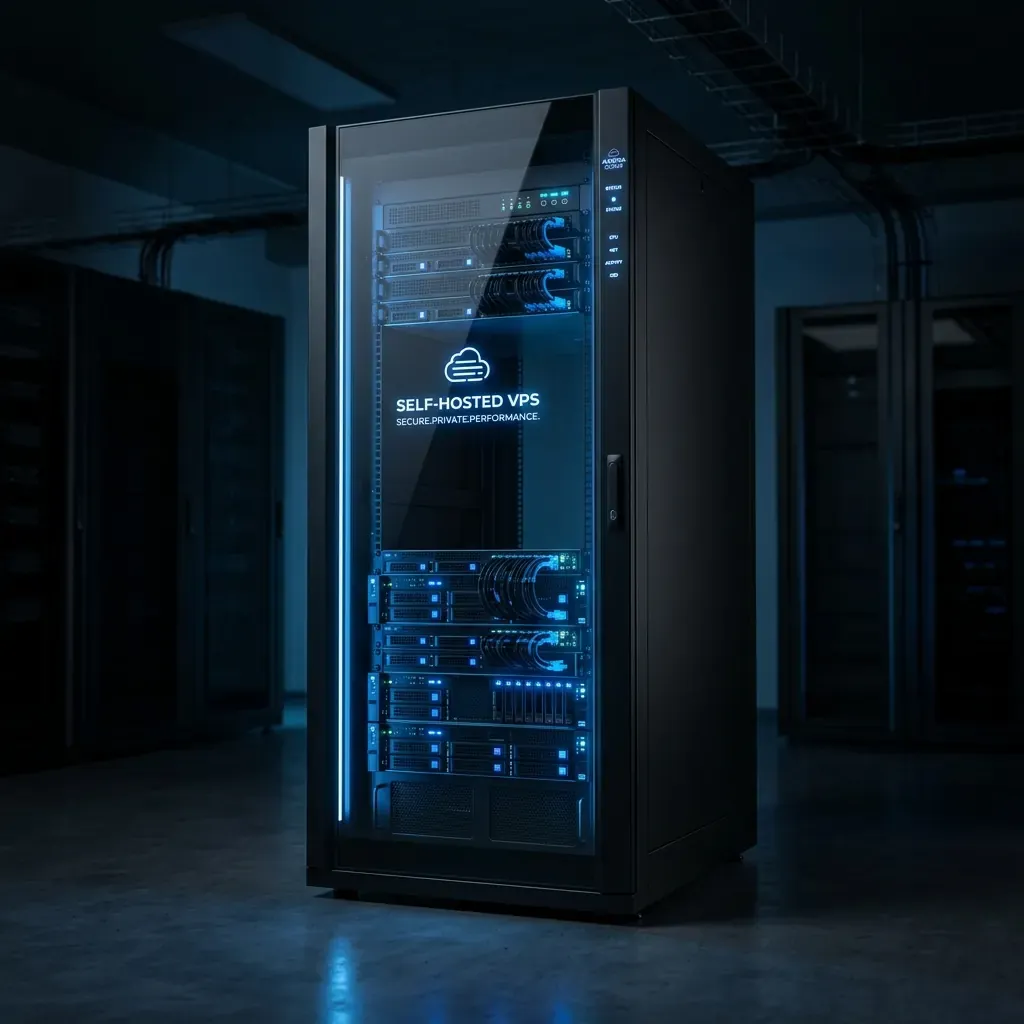 A sleek, glowing server rack representing a self-hosted VPS