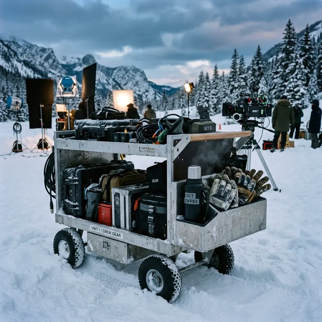 Production equipment cart sitting in thick snow on a film set