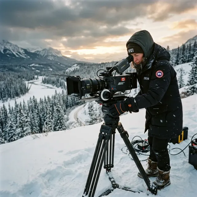 A professional filmmaker operating a cinema camera in a snowy Canadian winter landscape