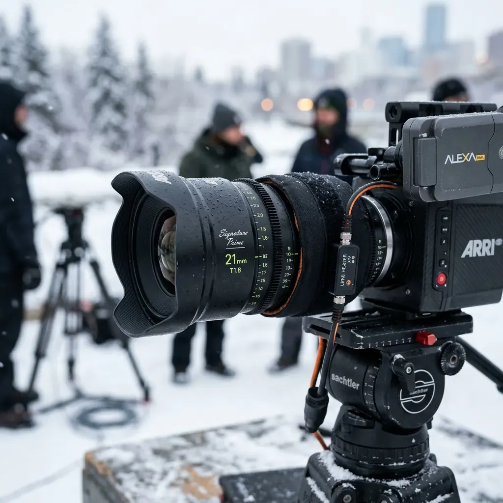 Close-up of a cinema camera lens wrapped in a lens heater on a snowy location shoot